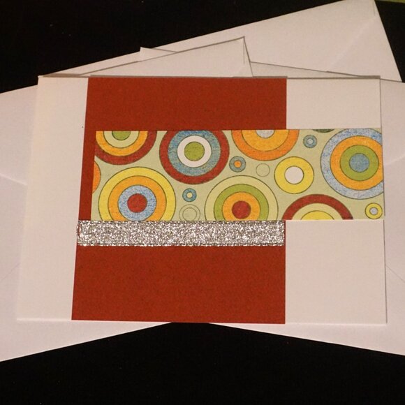 3 White Handmade Note Cards Multi-Color Circle Pattern with Silver Ribbon - Picture 4 of 5